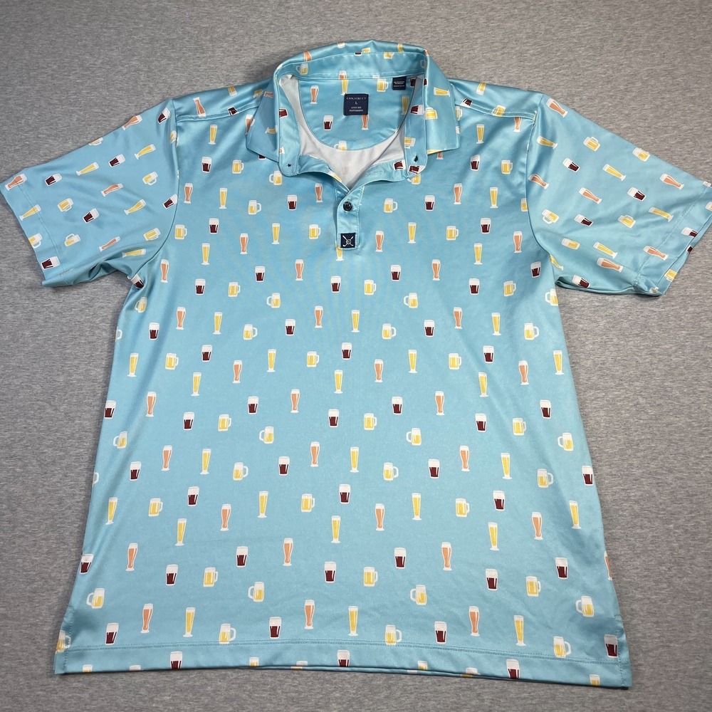 Construct Golf Polo Shirt Mens Large L Blue Beer Mugs Glasses Novelty Quick Dry